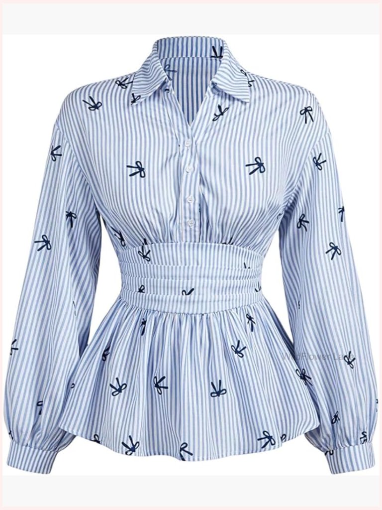 Bow Striped Button Up Blouse Dressy Long Sleeve Peplum Shirt